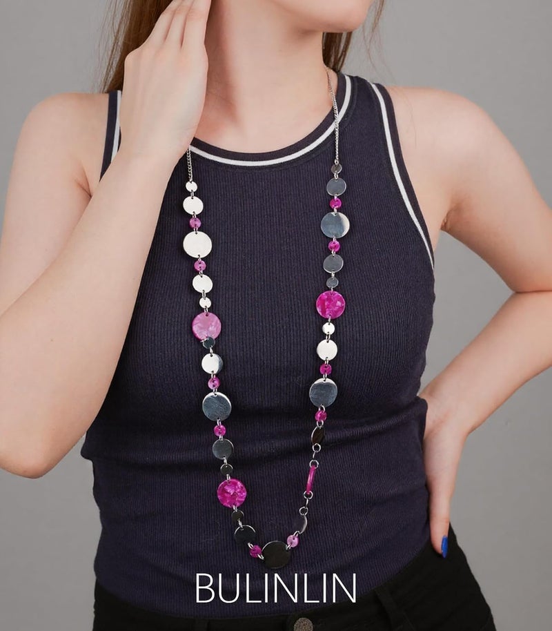 BULINLIN Layered Silver Long Necklace for Women Turquoise Stone Beaded Strand Sweater Chain Necklaces Fashion Costume Jewelry Gifts for Mom - Image 3